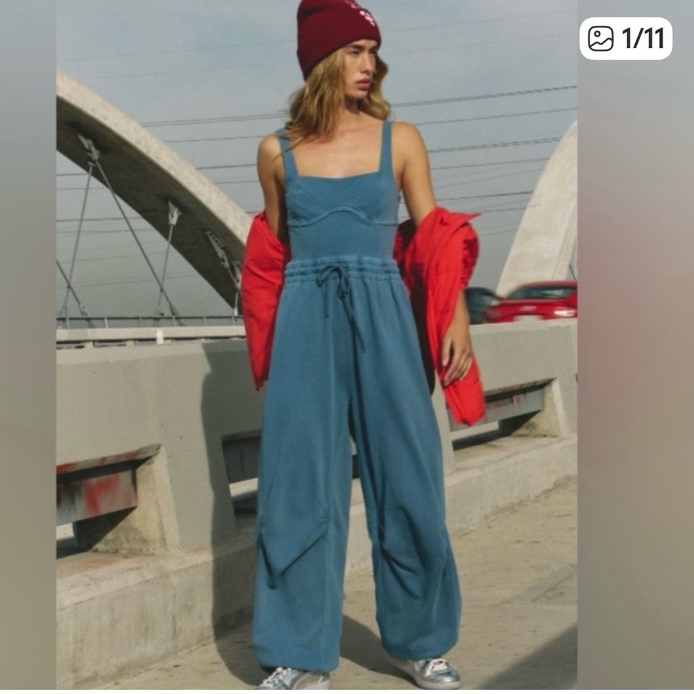 Free People Teal Blue Wide-Leg Jumpsuit